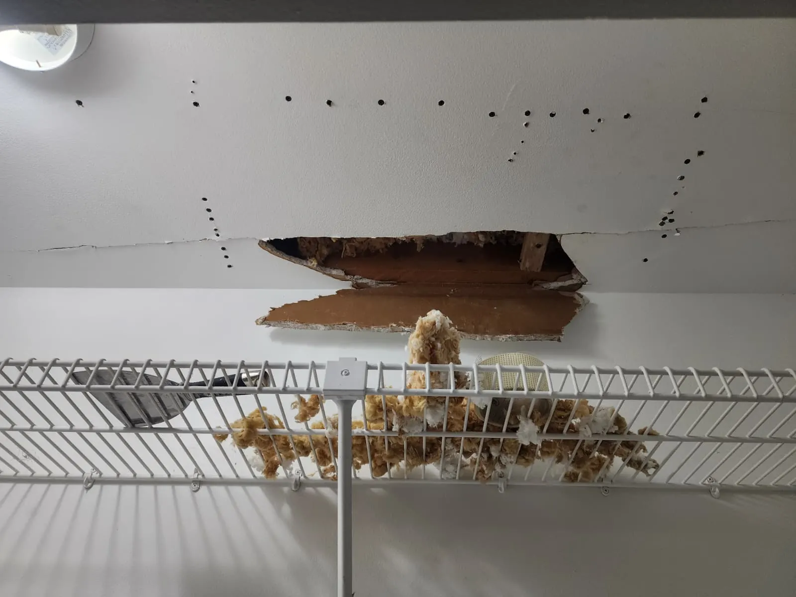 Before: closet ceiling with a large hole and exposed insulation
