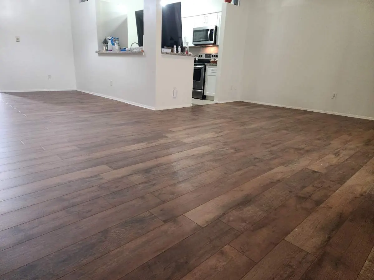 Open living area with newly installed wood-look flooring